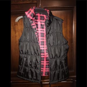 Ladies Black Vest with red plaid inside detail